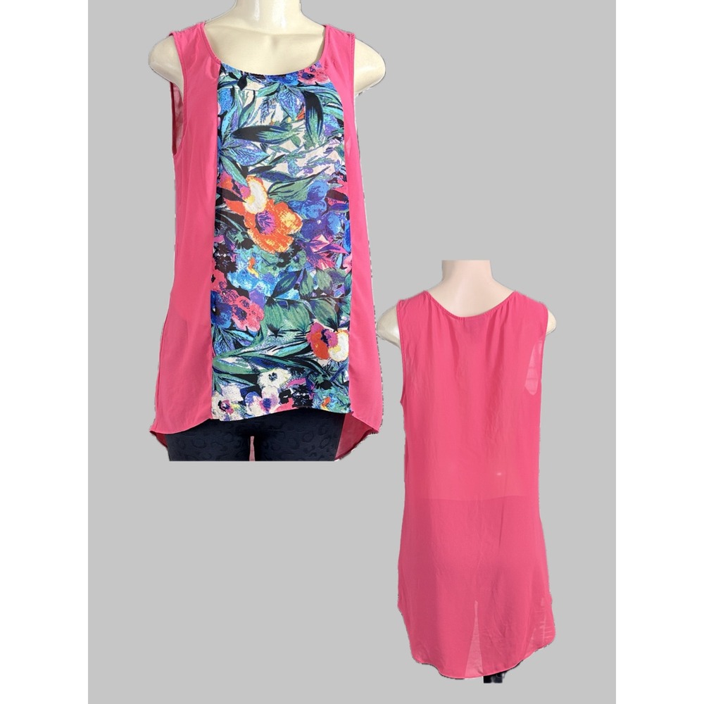 Nicole by Nicole Miller L Sheer Pink Floral Step-Hem Sleeveless Tank Blouse